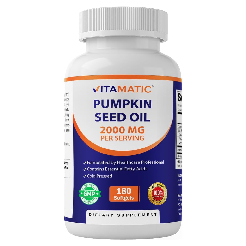 Vitamatic Pumpkin Seed Oil 2000mg Softgel Capsules por Serving - 180 Softgels - 1000 mg por softgel