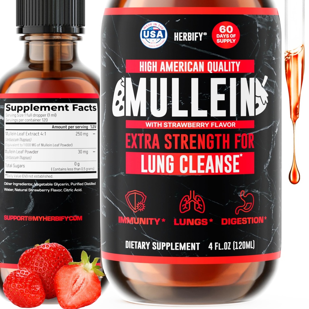 HERBIFY Mullein Drops - Lung Cleanse - Leaf Extract - Powerful Mullein for Immune Support, Detox &amp; Respiratory Support - Made in USA - 4 Oz Strawberry Flavor