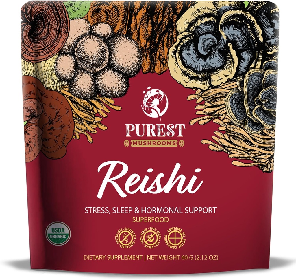 Reishi Powder - Extracto de setas orgánicas Powder - Suplementos de setas para soporte inmunitario, alivio de estrés, mejor sueño 60g