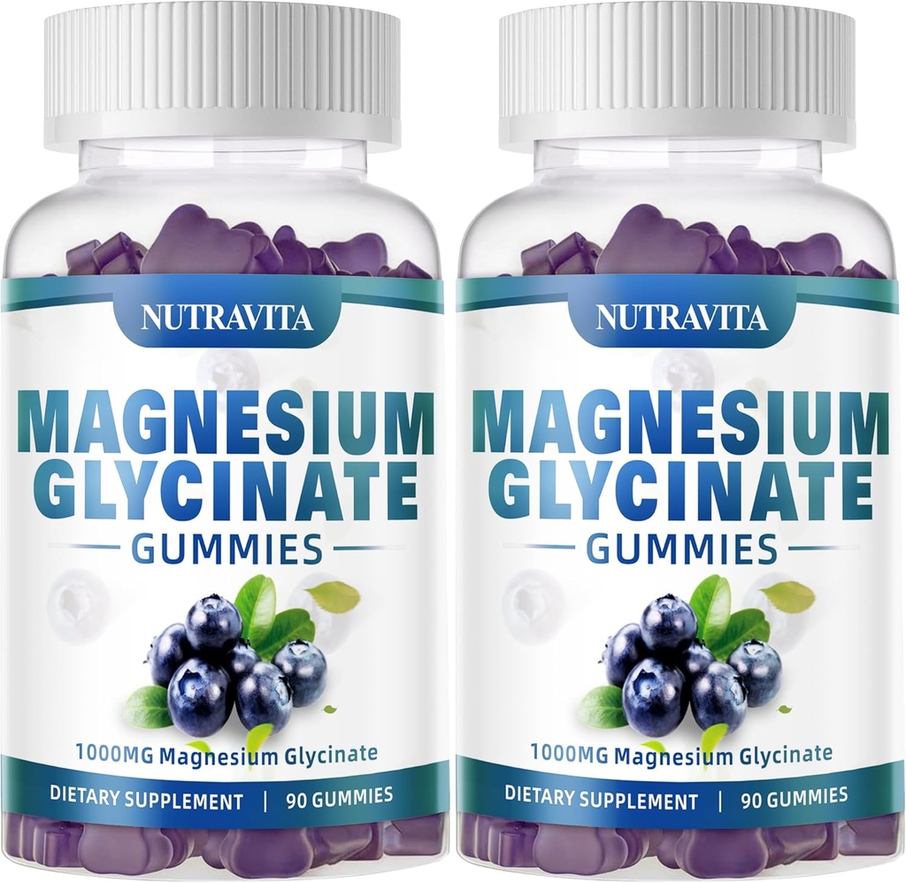 Magnesium Glycinate Gummies 1000mg con Magnesium L-Threonate, Magnesio Chelated Potassium Complex Suplemento con VitD, B6, CoQ10, Calcio,Apoyos para la memoria, calma, mood - 180 Gummies Blueberry