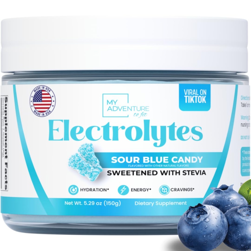 Zero Sugar - Sour Blue Candy Electrolytes Polvo - Refreshing Hydration - Caffeine Free Energy - All Natural Ingredients - Vegan, Keto & Paleo - Sugar Free Electrolyte Powder Drink Mix - 30 Servings