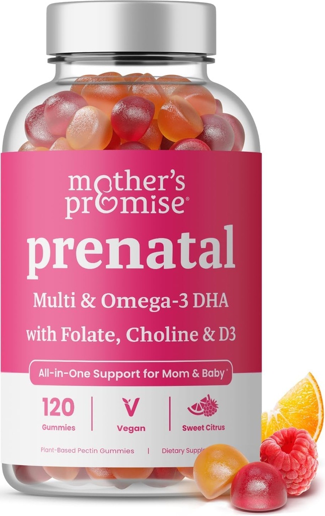 Vitamina prenatal Gummies con DHA ← Vitaminas Prenatales Veganas para Mujeres con Omega 3, Methylfolate, Choline &amp; D3, Vitaminas de Embarazo para el Desarrollo Fetal.