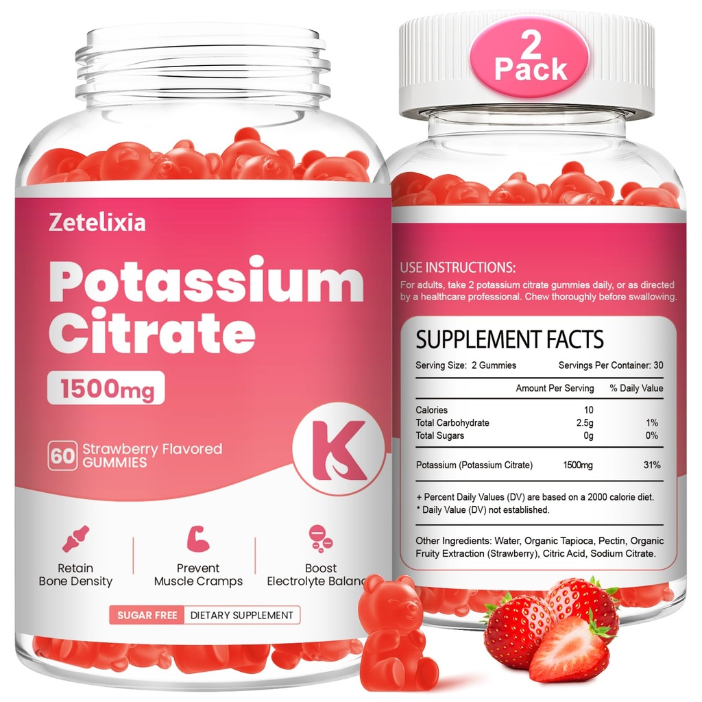 2 Pack Potassium Gummies for Adults Women &amp; Men, Potassium Citrate Supplement, Support Leg Cramps, Muscle Health & Electrolyte Balance, Sugar Free, Organic, Vegan, Strawberry, 120 Cts