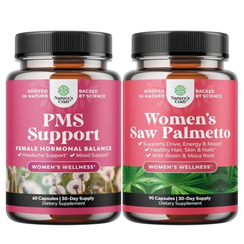 Bundle of PMS Support and Saw Palmetto for Women - Hormone Balance with DIM, Chasteberry, Black Cohosh " Ashwagandha for Period Cramps and Saw Palmetto Extract with Maca Root " Biotin for Hair Loss