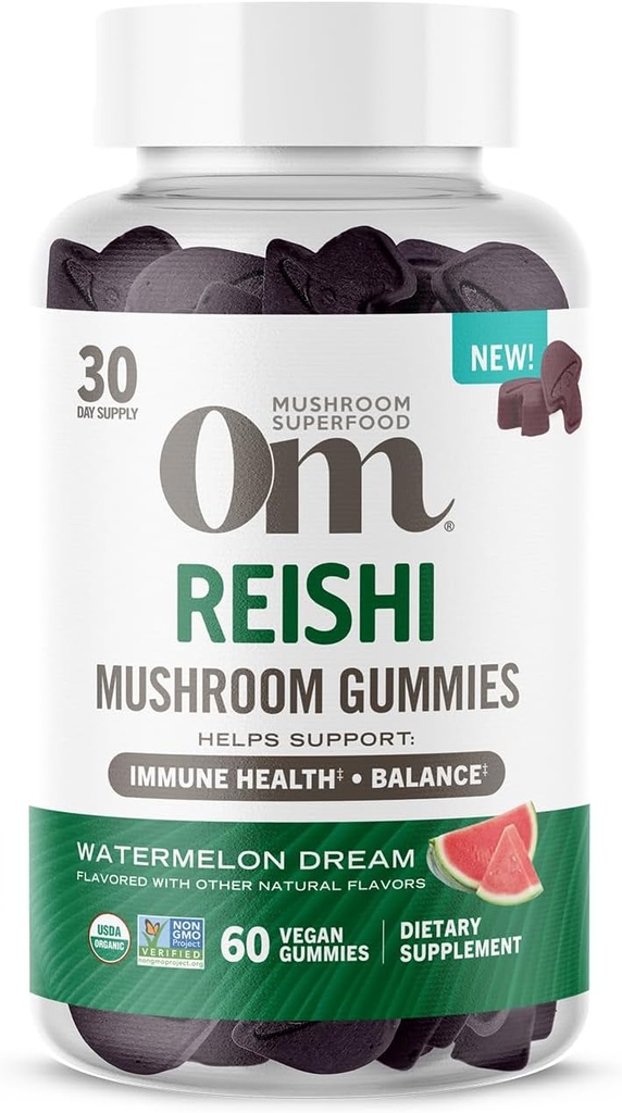 Om Mushroom Superfood Reishi Gummies, USA Grown Organic Mushrooms, Supports Immune Health, Balance, & Stress, 60 Conde, 30 Servidores Suplementos Gummy