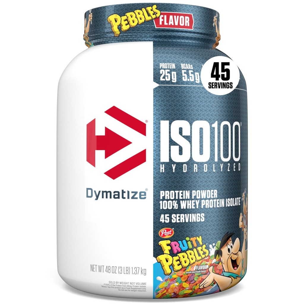 Dymatize x Fruity Pebbles ISO100 Whey Protein Powder Isolate, 25g de Protein, 5.5g BCAAs, 120 Cal., Gluten Free, 1g Fat, 1g Sugar, 2g Carb (45 Servings)
