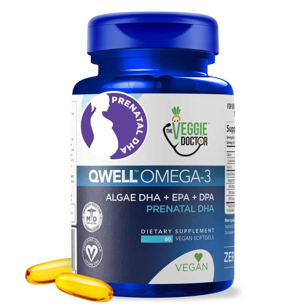 Vitaminas Prenatales Veganas con DHA (60 Conde) Omega-3 - Qwell Better Than Fish Oil, Brain Function - 820 Mg Algae DHA &amp; EPA, Vegan Prenatal Vitaminas con Vitamina E, Carrageenan-Free