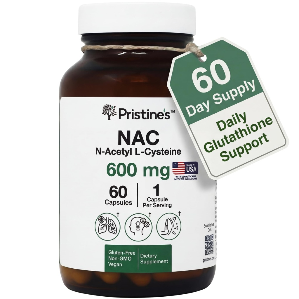 PriSTINE'S N-Acetyl L-Cysteine (NAC) 600MG 60 Day Supply Supplement Capsules - Glutathione & Liver Detox Support - Potent Antioxidant - Vegan, Gluten Free, Non GMO Glass Bottle