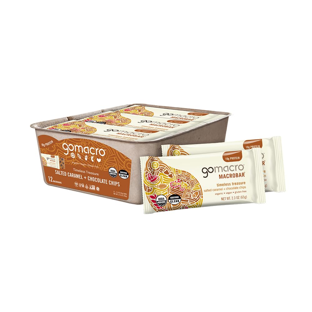 GoMacro MacroBar Bares de Proteína Ecológica Vegan - Caramelo Saltado + Chips de Chocolate (2.3 Bares de onda, 12 Cuenta)