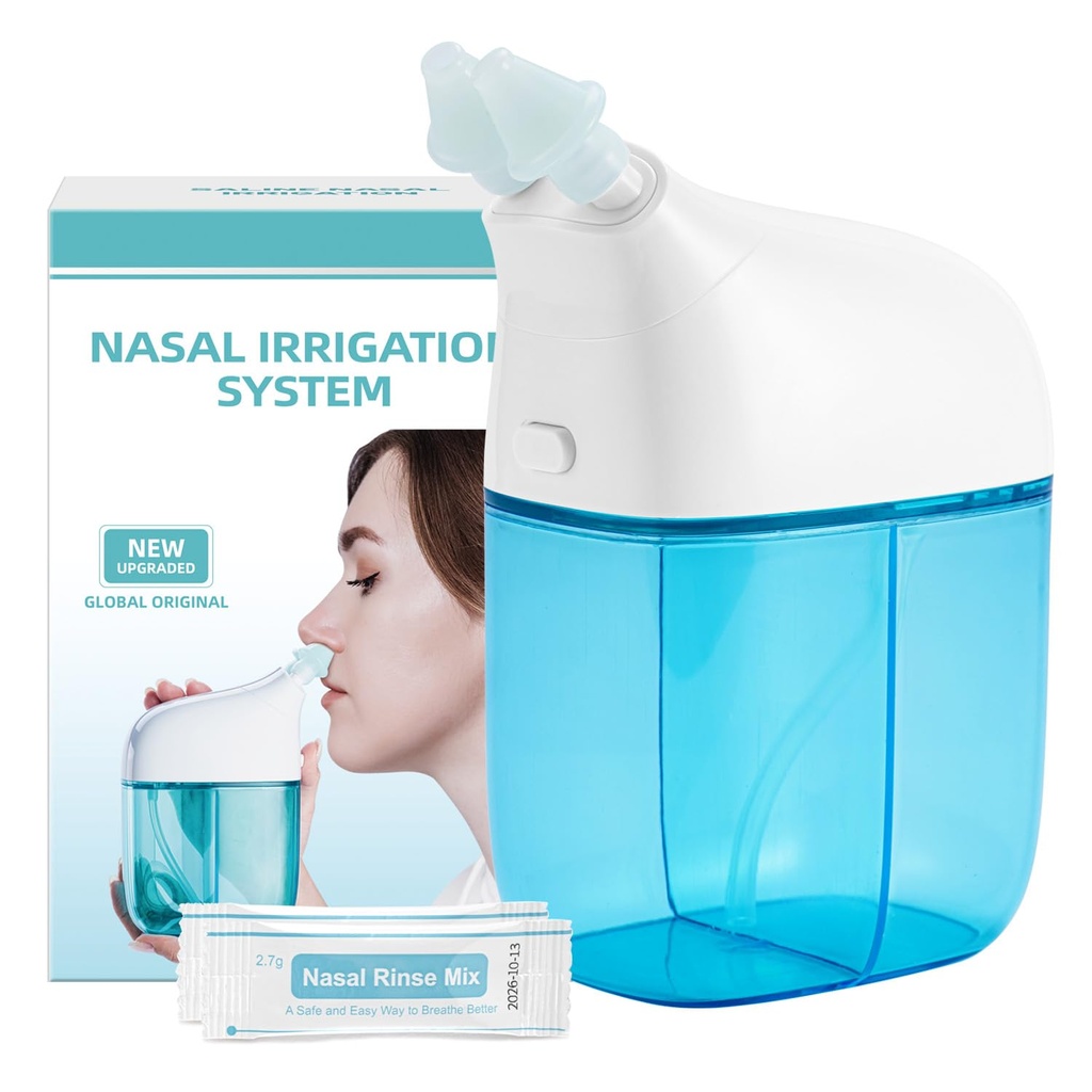Sistema de riego nasal con 30 paquetes de Saline, máquina de enjuague sinusal, máquina limpiadora sinusitis con tanque de agua " tanque de recogida de residuos - azul