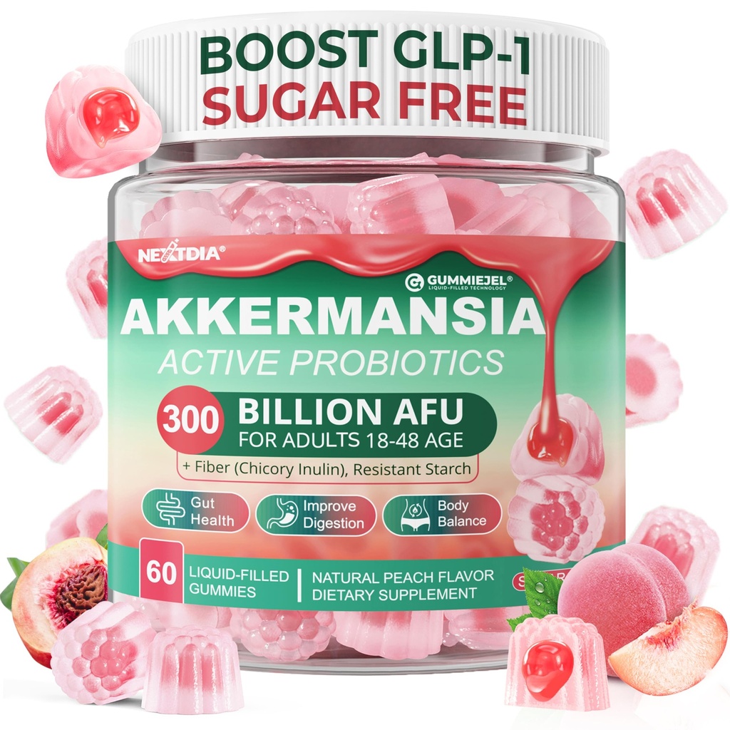 Akkermansia Probiotics Gummies with Prebiotics Fiber, 300 Billion AFU Akkermansia Muciniphila, with Polyphenol Fruits, Resistant Starch, Vitamina A D3 B2 for Metabolism, Digestive & Gut Health, 1Pack