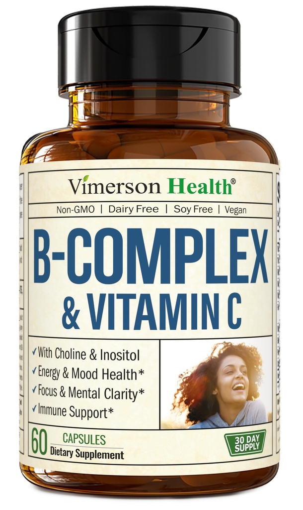 Complejo de vitamina B con ácido fólico VIT C (Folate) - 8 vitaminas de alta potencia B: B1, B2, B3, B5, B7, Vitamina B12 + Biotina, Choline & Inositol. Aids Mood, Energy, Nervous System &amp; Immune Support