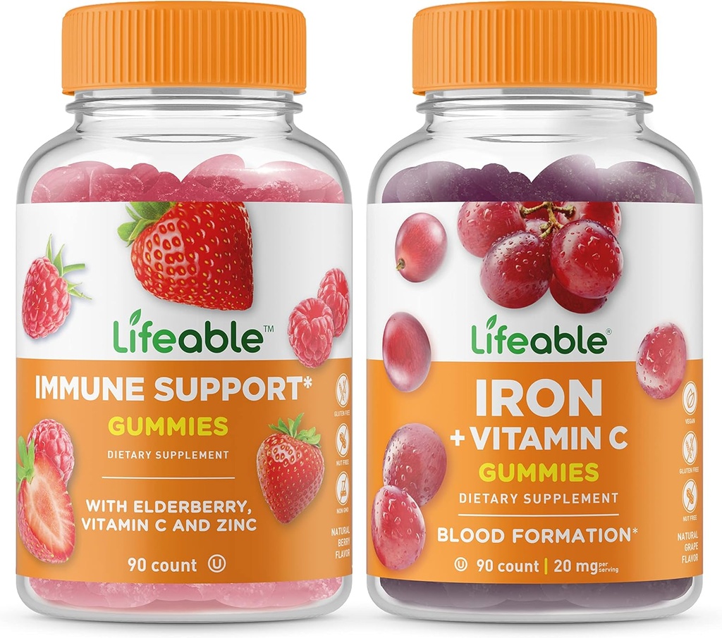 Soporte inmunitario vital + Hierro con vitamina C, Gummies Bundle - Gran Tasting, Suplemento de vitaminas, Gluten Gratis, GMO Gratis, Chewable