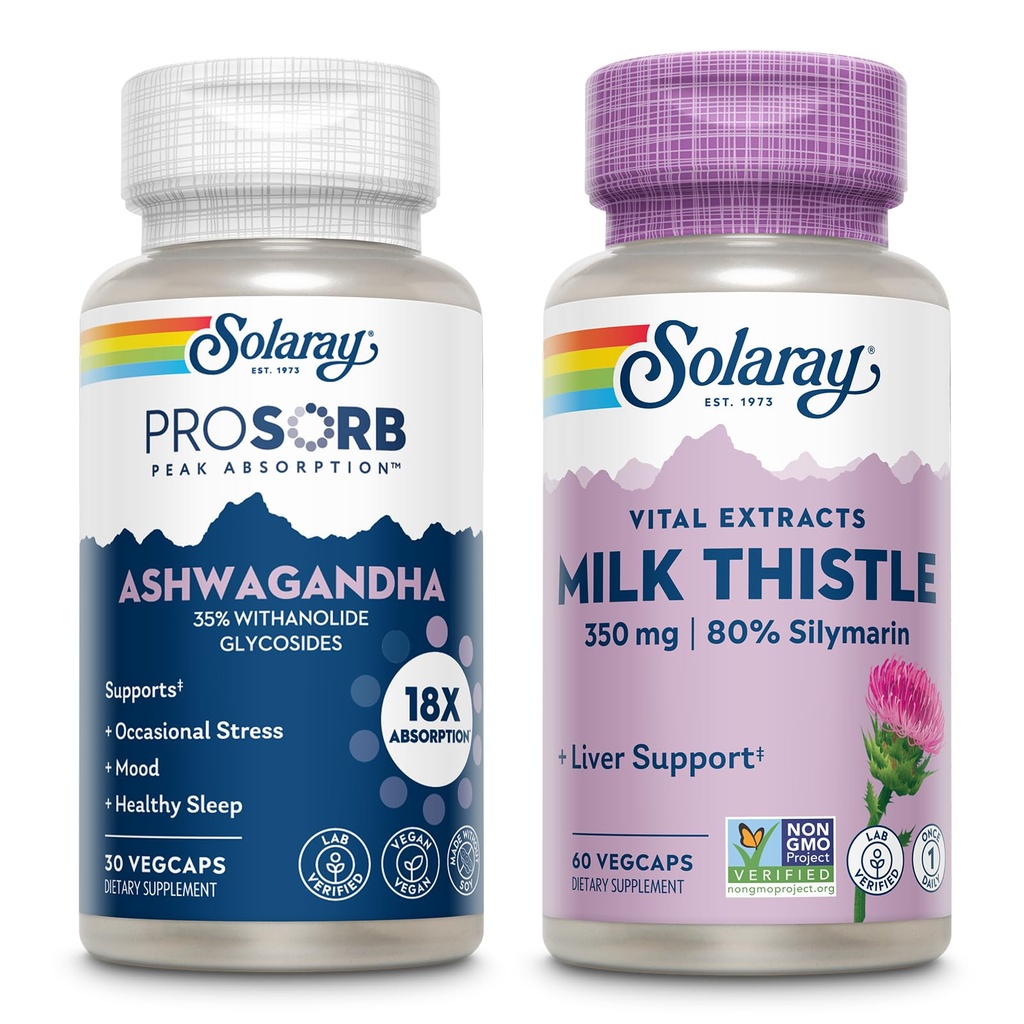 SOLARAY Ashwagandha y Milk Thistle Supplement Bundle, 18X Absorption Ashwagandha Capsules for Mood Support Plus Milk Thistle Extract, Vegan, 60-Day Guarantee, 30ct/60ct