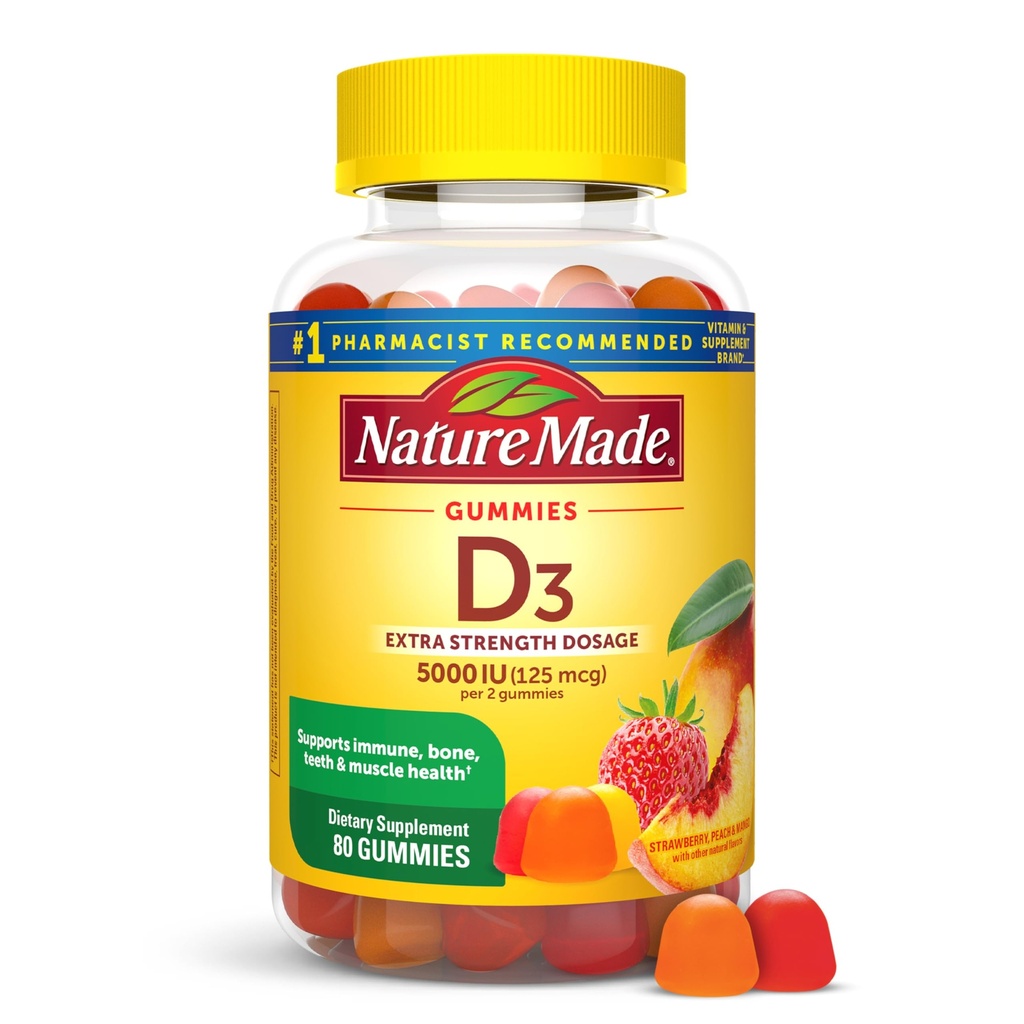 Nature Made Vitamina D3 5000 UI Por Ser Gummies Extra Strength, Bone and Immune Health Support, 80 Vitamina D Gummies for Adults, 40 Day Supply