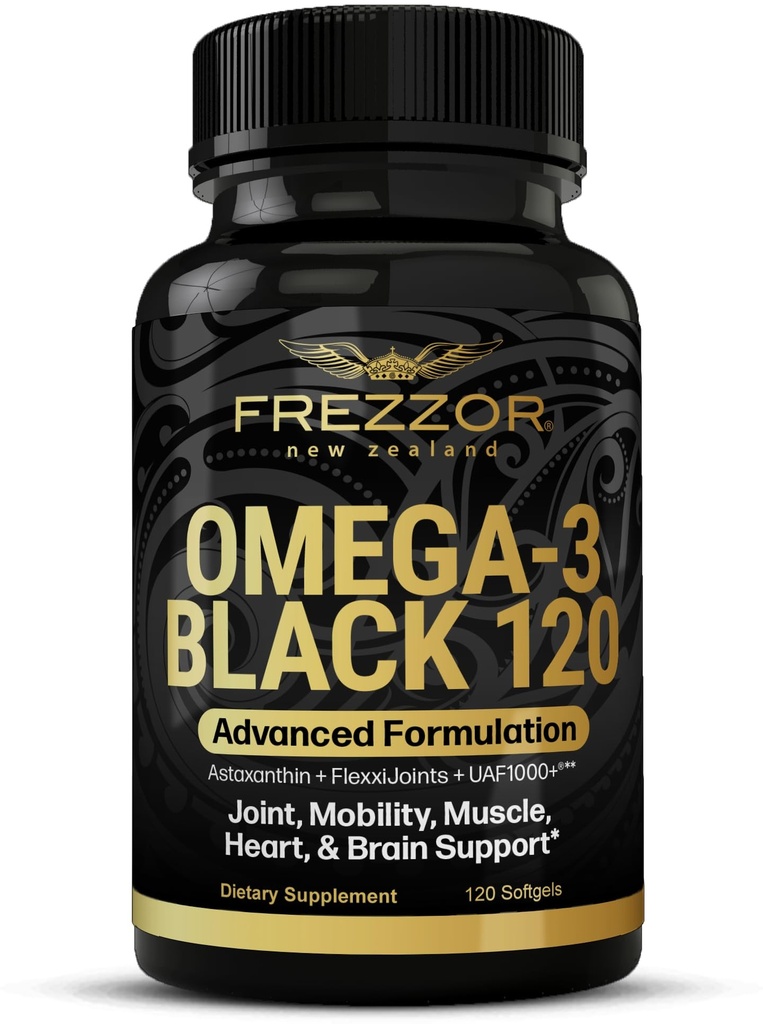 FREZZOR Omega 3 Negro - Green Lipped Mussel Oil Capsules, Hecho en Nueva Zelanda, UAF1000+, No Fishy Aftertaste, 120 Cuenta (Pack of 1)