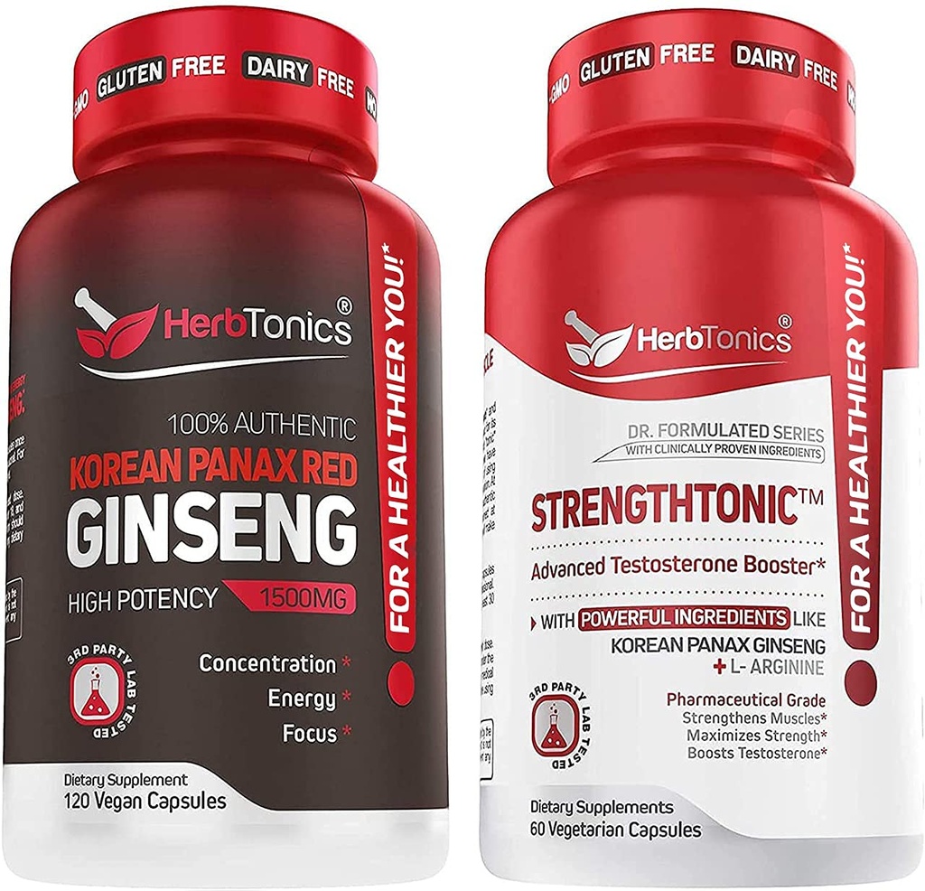 Herbtonics Korean Panax Red Ginseng y Strengthtonic Testosterone Booster para Hombre Bundle