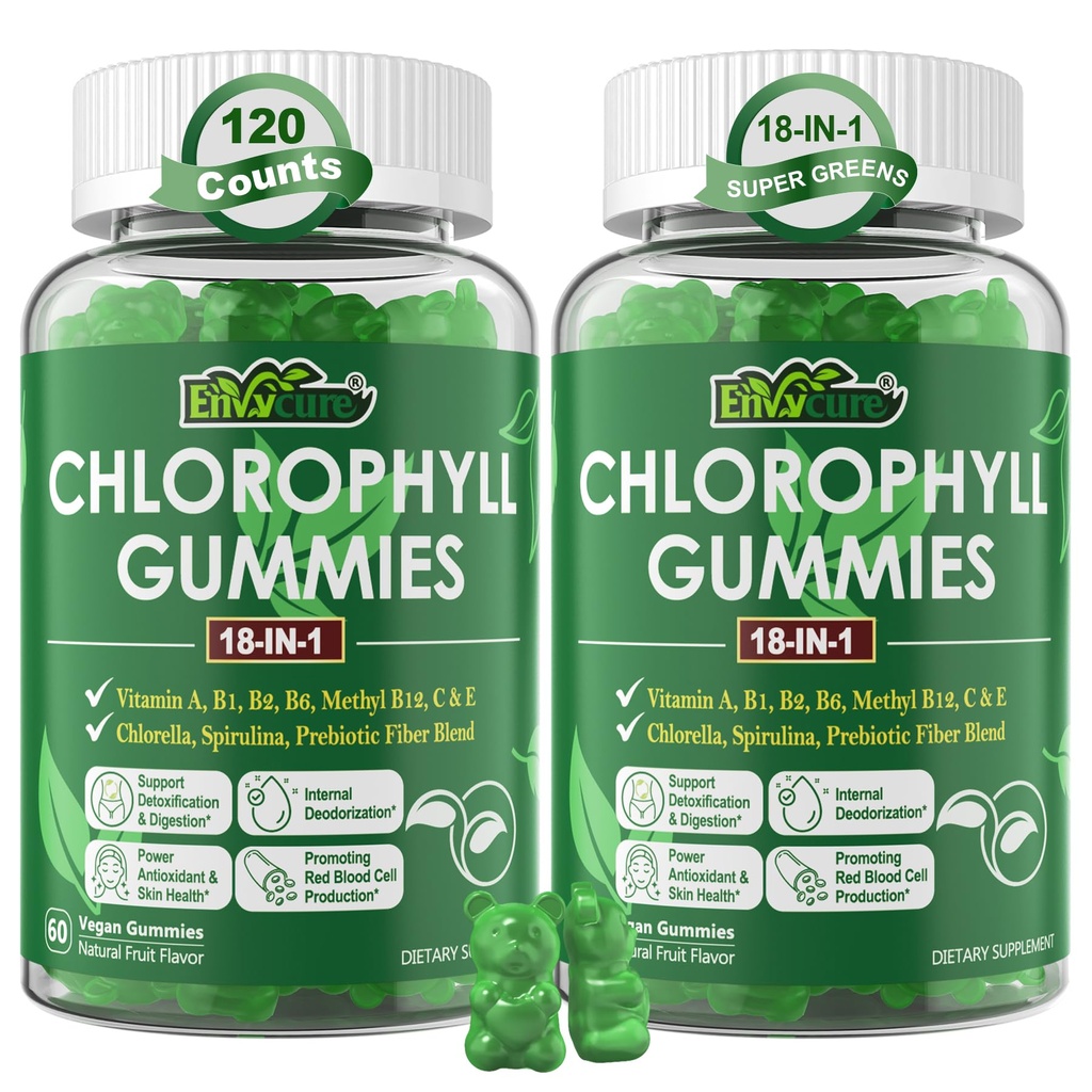 Chlorophyll Gummies, Super Green 18-IN-1 con Clorella Espirulina Orgánica, Trigo Grass, Magnesio, Fibra Prebiótica para Desodorante Interno*,Comfort Digestión, Metabolismo, Inmune, Fresco Odor Corporal, 2Packs