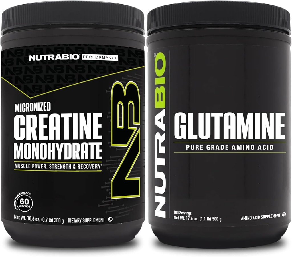 NutraBio Creatine Monohydrate Suplemento, Desflavorado, (300g) y L-Glutamine Powder, (500g) – Workout Supplement Bundles Supports Muscle Energy, Recovery, and Strength