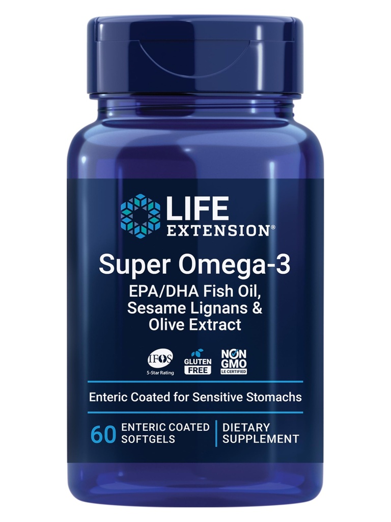 Extensión de vida Super Omega-3 EPA/DHA Fish Oil, Sesame Lignans & Olive Extract – Heart Health, Brain Health, Inflammation Health Support, Gluten-Free, Enteric-Coated, Non-GMO, 60 Softgels