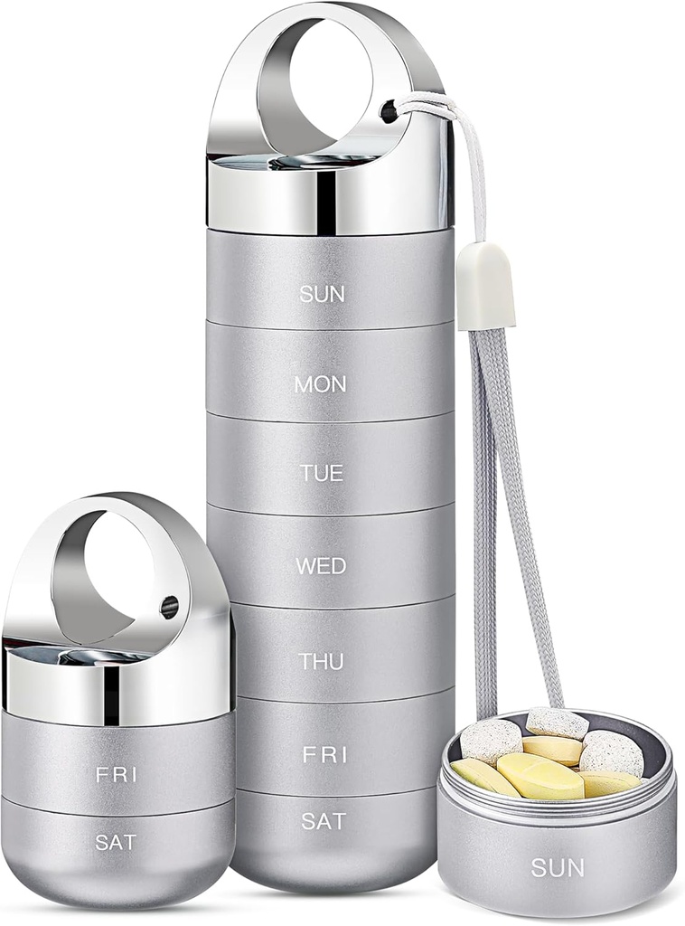 Zannaki Metal Travel Pill Organizer, Portable Waterproof Caja semanal de píldoras, Gran Contenedor de caja de aleación de aluminio, BPA Gratis 7 días Medicina diaria Organizador Holder para vitamina, aceite de pescado, suplemento