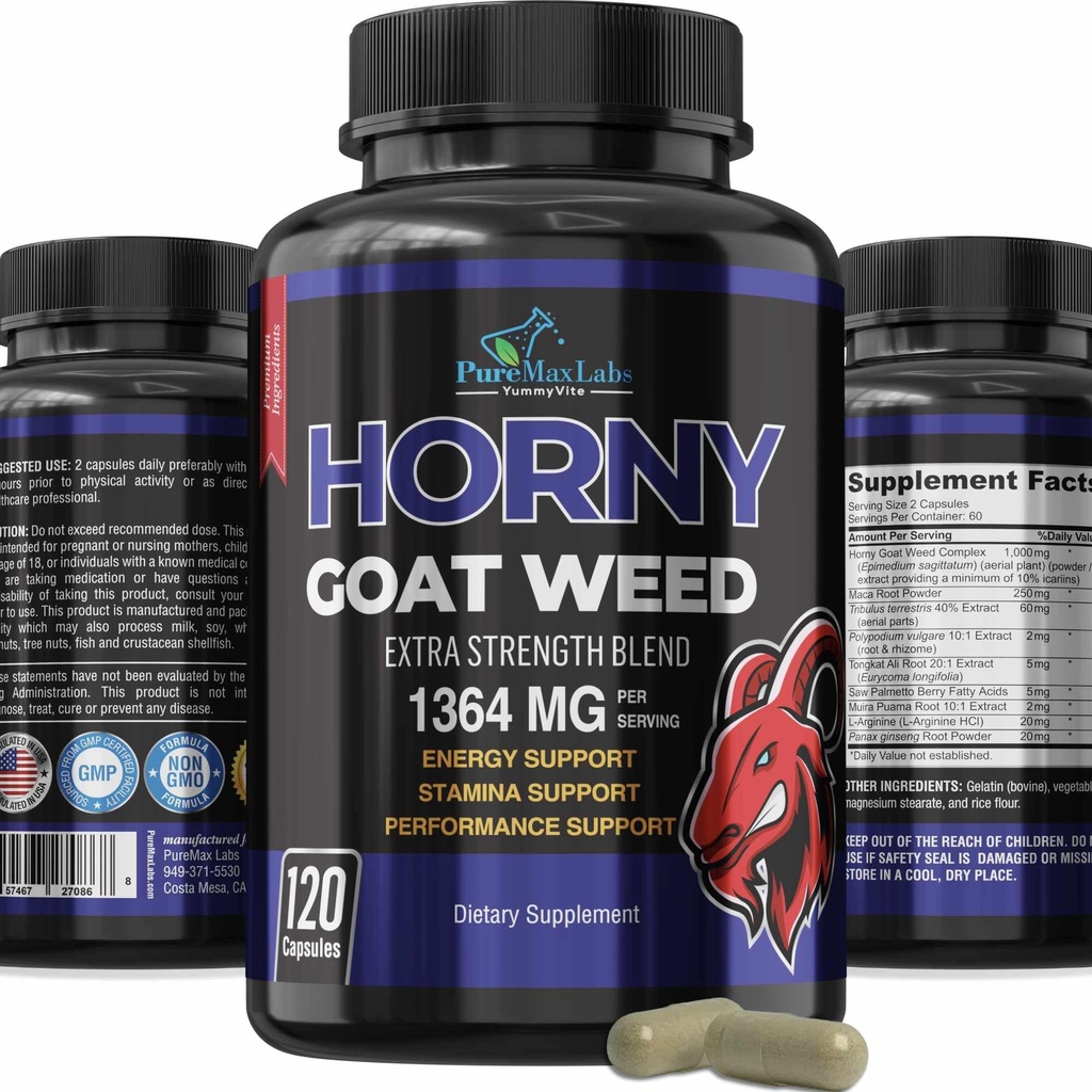 Horny Goat Weed Extra Strength -120 Capsules w. Maca, L-Arginine, Ginseng - Boost Desire, Performance, Stamina, Energy, Non-GMO Fórmula, 120 cápsulas