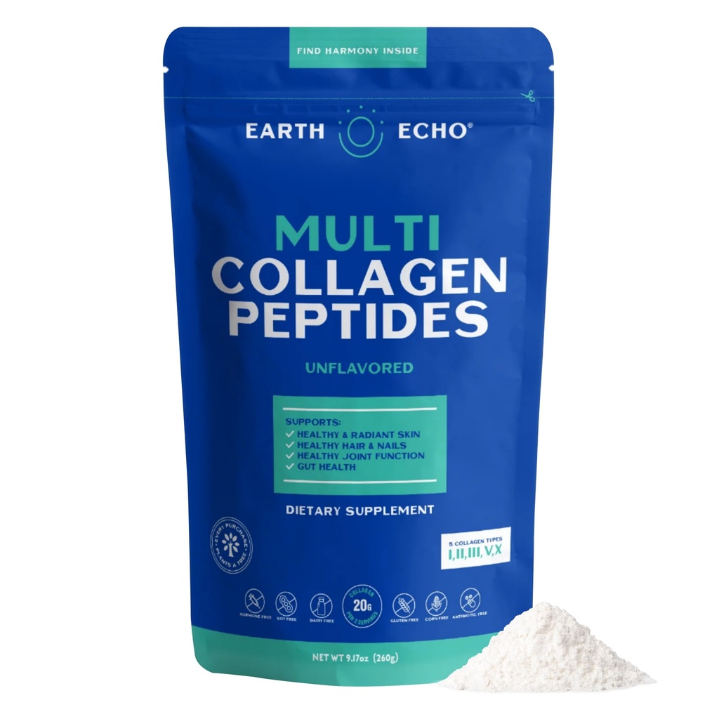 Péptidos Multi Collagen de Earth Echo, Collagen hidrolizado con vitamina C y ácido hialurónico, soporta la piel radiante, articulaciones saludables, la salud de Gut y la función de inmuno, libre de lácteos, 26 servicios