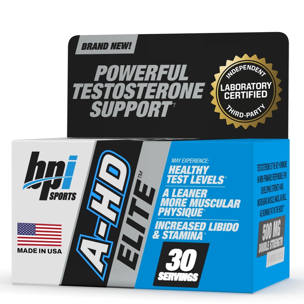 BPI Sports A-HD Elite – Booster de testosterona potente para la resistencia, fuerza, apoyo sexual – apoya el músculo, el libido y el metabolismo – Suplemento de testosterona natural – 30 ayudas – 500 mg