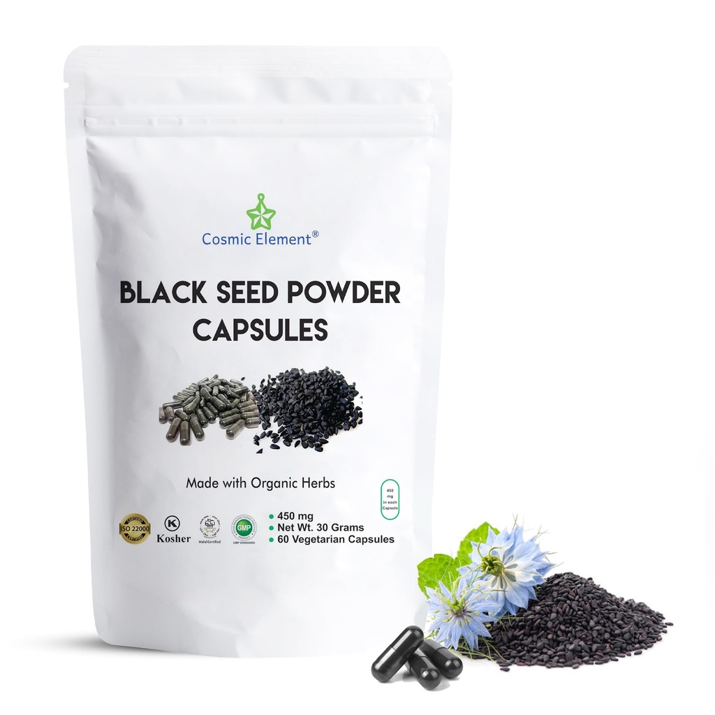 Elemento Cósmico 100% Pure Black Seed Powder Capsules Orgánico - Vegan Nigella Sativa 450mg Negro Cumin Semillas por Serving- for Health - 60 cápsulas