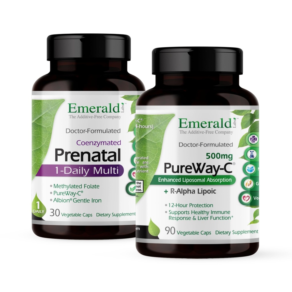 Laboratorios Esmeraldas Bundle con multivitamina prenatal de 1 día (60 caps de veg) & PureWay-C (90 caps de veg) - Multivitamina prenatal con folato metilado, hierro &amp; más* - Suplemento de vitamina C con ácido lípoico R-Alfa*