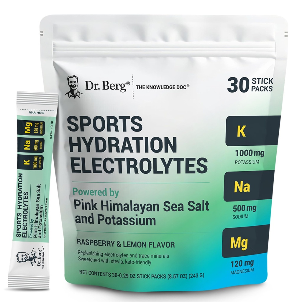 Dr. Berg Sports Hydration Electrolytes Powder w/More Salt (Pink Himalayan) - 30 Keto Electrolytes Powder Packets w/a Delicious Salty Raspberry & Lemon Flavor - Incluye 1000 mg de Potasio