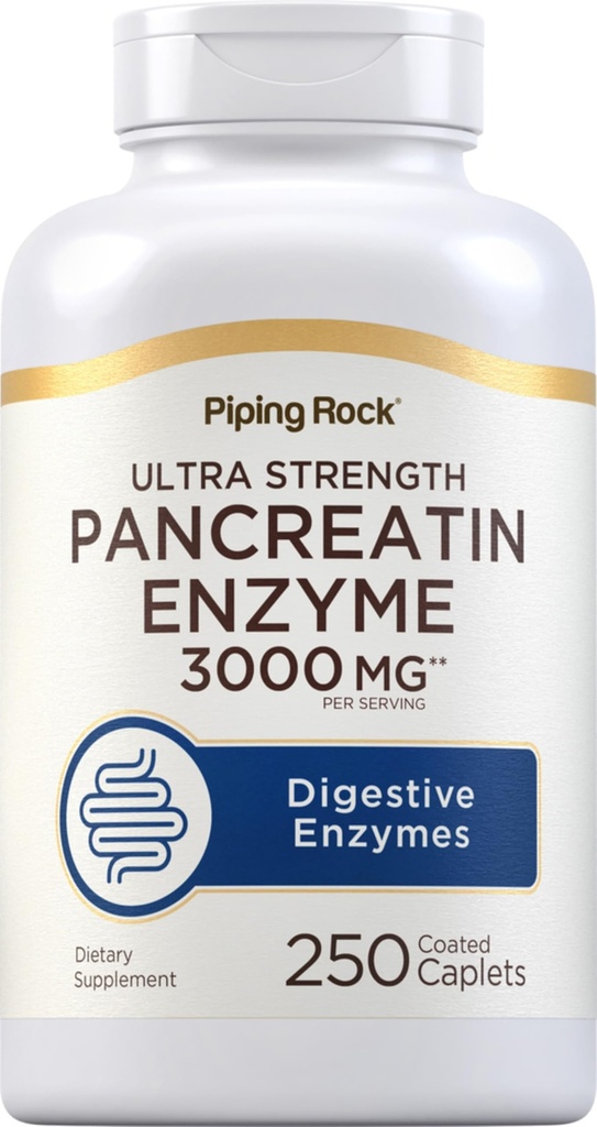 Piping Rock Pancreatin Digestive Enzymes TEN 3000mg ANTE 250 Caplets TEN Ultra Strength ANTE Non-GMO, Gluten Free Supplement