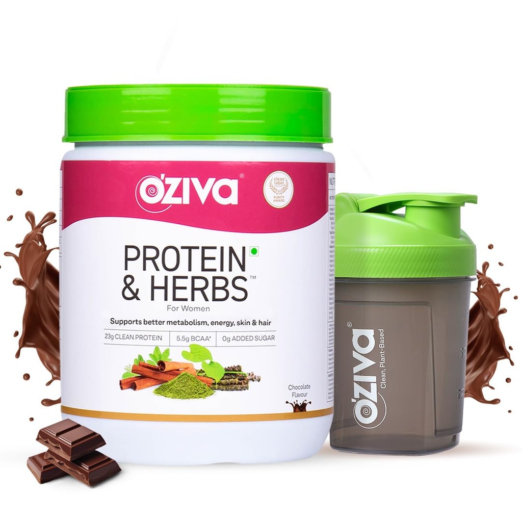 OZiva Protein & Herbs for Women, No Added Sugar, Green Tea, Chocolate, 454g