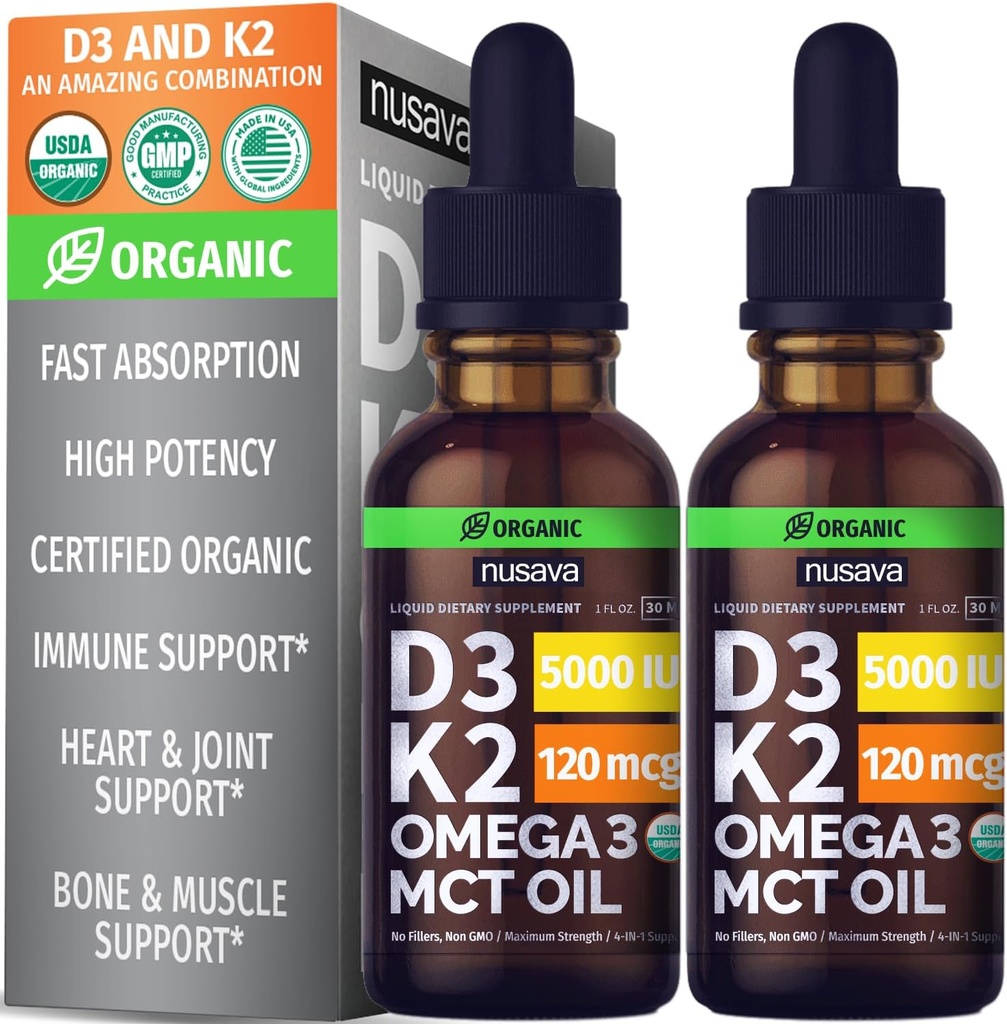 NUSAVA Vitamina B12 Liquid Drops, Unflavored D3 K2, & Chlorophyll Bundle - Potent Liquid Vitamins for Heart, Energy, Brain & Immune Support - Non-GMO, Gluten-Free, 2pk each