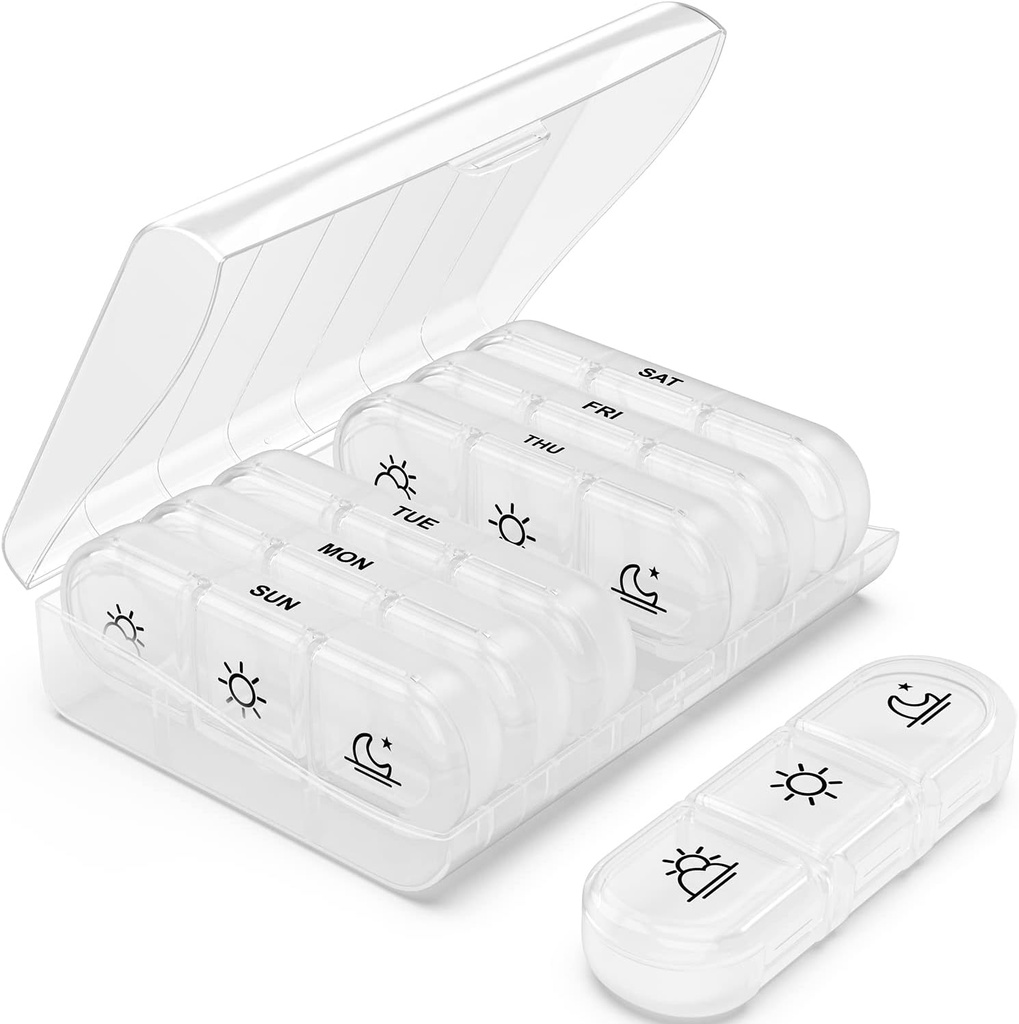 PULIV Organizador semanal de píldoras 3 veces al día, caja de píldoras portátiles 7 días con grandes contenedores de píldoras, caja de píldoras ligera para vitaminas, medicamentos, suplementos y aceites de pescado (White)