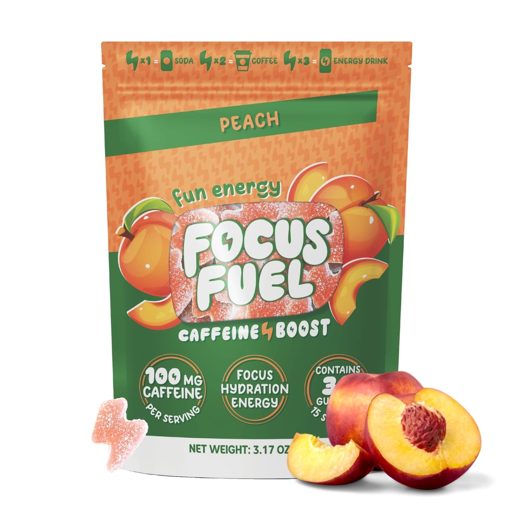 FocusFuel Energy Chews – Peach Flavor (15 Servings) – 100 mg Caffeine + Alpha GPC+ L-Theanine + B12, Magnesium – Smooth Focus & Energy – No Crash or Jitters