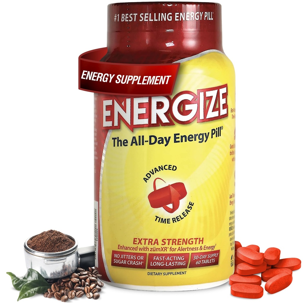 Energize Extra Strength Caffeine Pills, Fast Acting Long-Lasting Energy Pill with Extended Time Release Caffeine, Improved Clarity & Energy Support for Men &amp; Women, No Jitters, No Crash (60 Tablets)