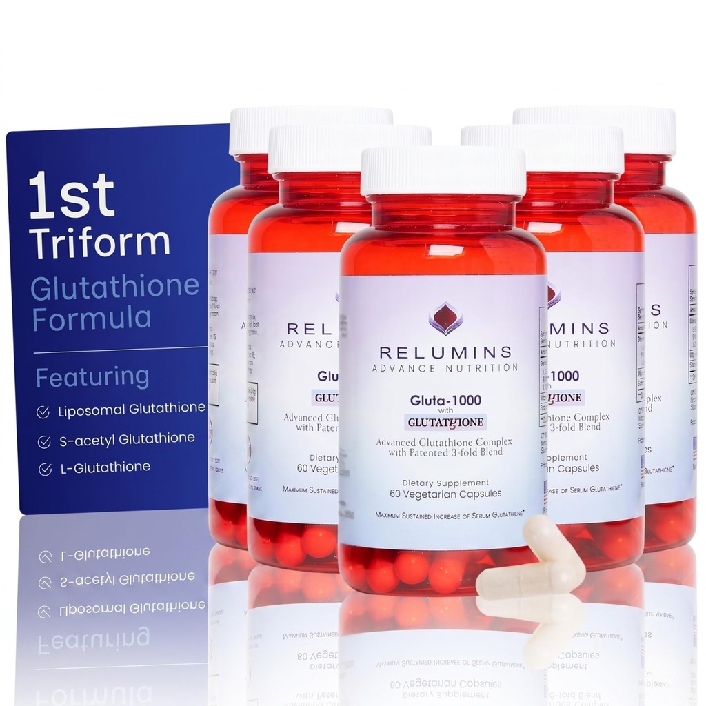 Relumins L Glutathione Suplemento Complejo - Reducido Glutathione 1000mg con ácido lipoico alfa &amp; rosa cápsulas HIPS para la piel nutrida " Smoother, 60 caps x 5 botellas