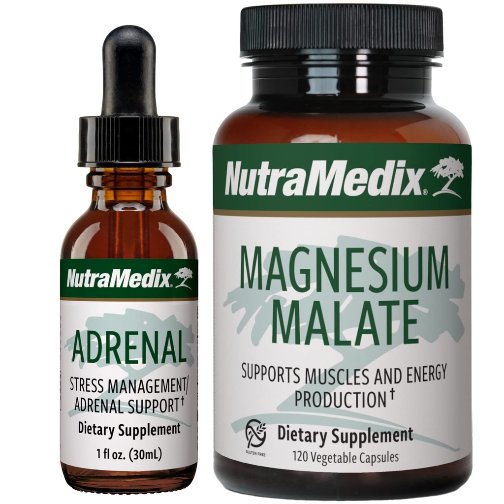 NutraMedix Energy Support Bundle - Incluye soporte de energía Adrenal Liquid Drops y Magnesium Malate Capsules for Energy &amp; Athletic Support - No Caffeine - 2-Piece Supplement Set