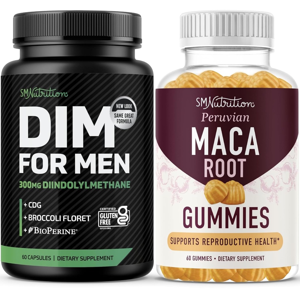 SMNutrition Maca Root Gummies & 300mg DIM Suplemento para Hombres para Testosterona y Apoyo al Rendimiento Silencio Invigorating Maca Gummies Complex (30 Servimientos) con DIM Complex for Men (60 Servings)