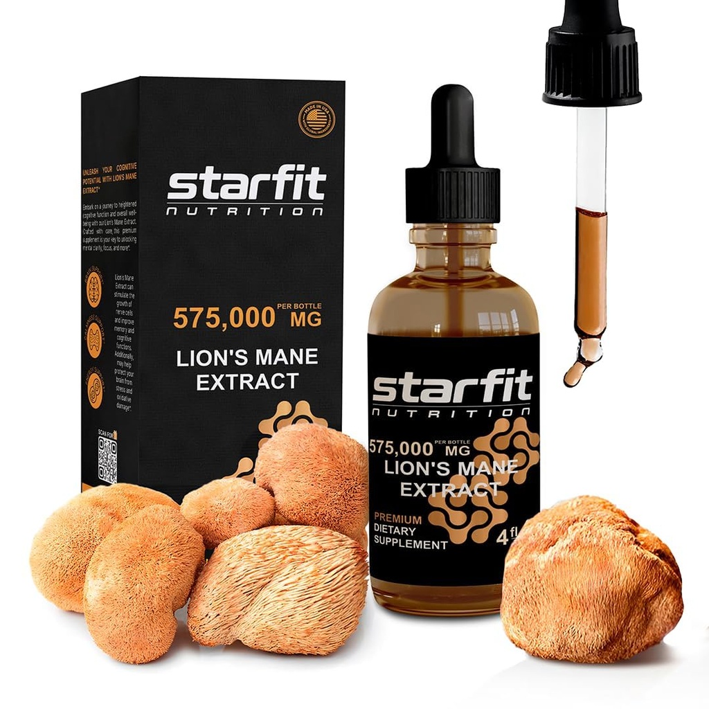 STARFIT Extracto de setas Mane de León, 575.000 mg, Suplemento líquido para soporte inmunitario, memoria y salud digestiva, 4 oz