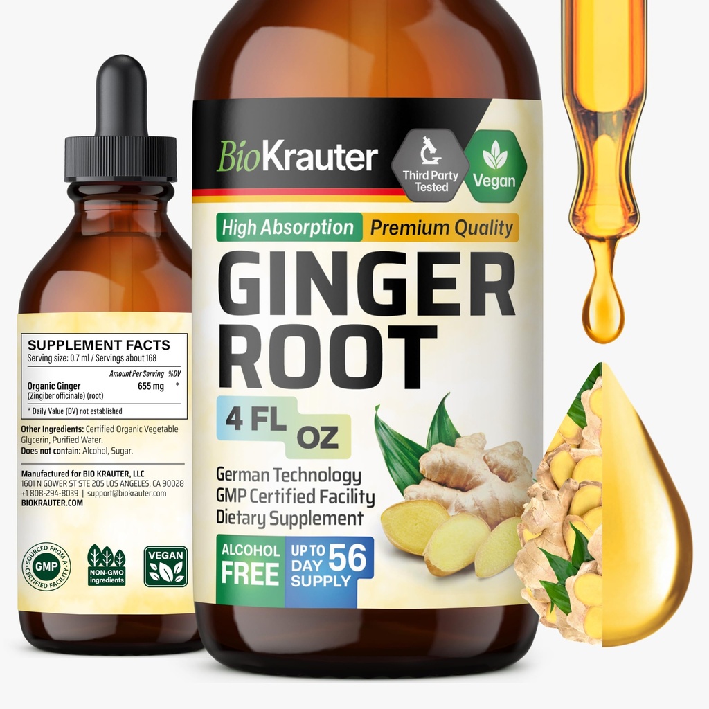 BIO KRAUTER Ginger Root Extract - Natural Ginger Suplementos para el bienestar general - Alcohol y azúcar gratis - Vegan Drops 4 Fl.Oz.