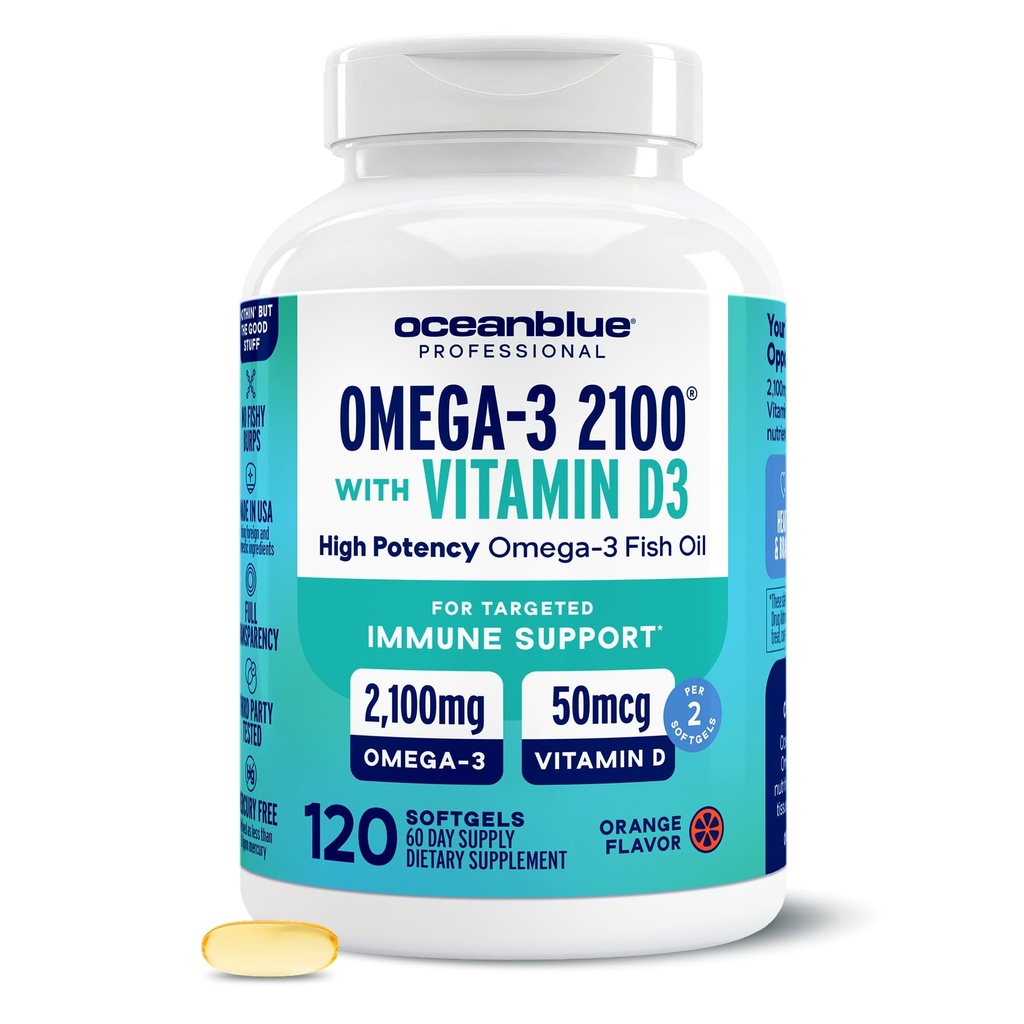 Oceanblue Professional Omega-3 2100 con vitamina D3 – 120 ct – Triple Strength Burpless Fish Oil Suplemento con EPA de alta potencia, DHA, DPA y Vitamina D3 – Wild-Caught – Orange Flavor (60 Servings)