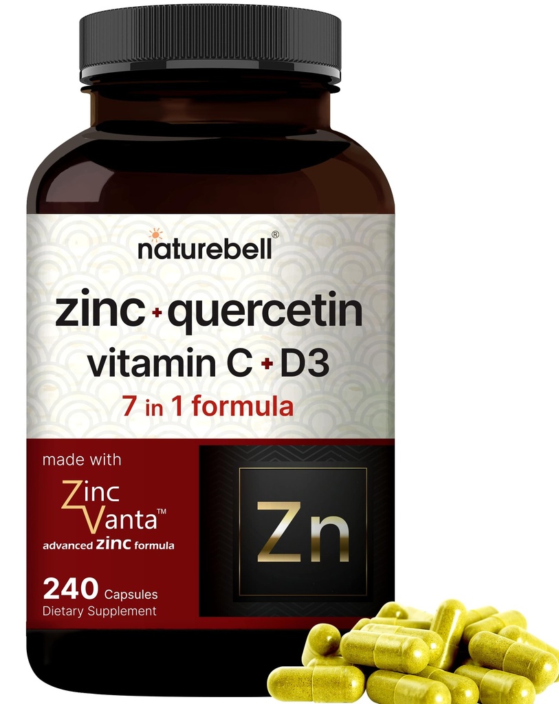 NatureBell Zinc Quercetina con vitamina C &amp; D3, 240 cápsulas ← Quercetina 1000mg + Zinc 50mg + Vitamina C 250mg + Vitamina D3 5,000 UI ← 4-in-1 Advanced Immune &amp; Lung Support ← ZincVanta Formula