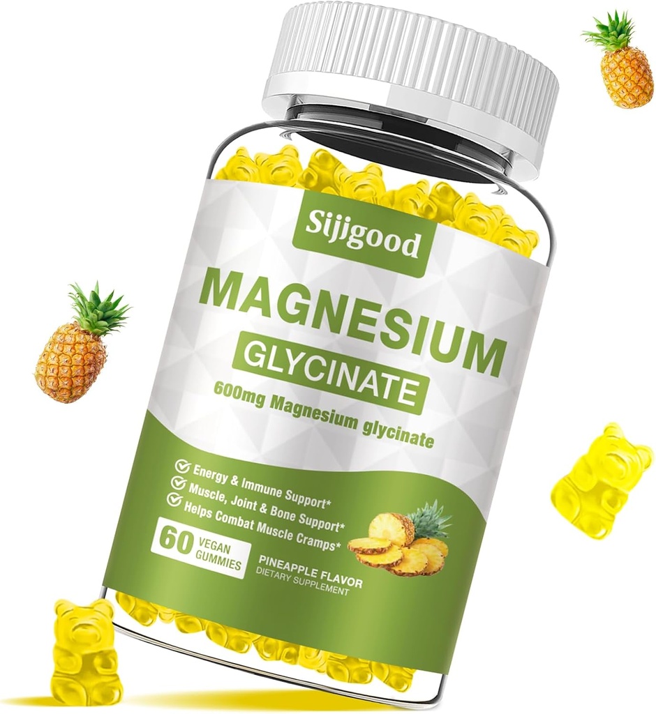 Magnesium Glycinate Gummies 600mg, Relax & Zzz Support, Magnesium Potassium Supplement for Adults and Kids Sugar-Free, Vitamina C, B6 y CoQ10 Pineapple Flavor, 60 Condes