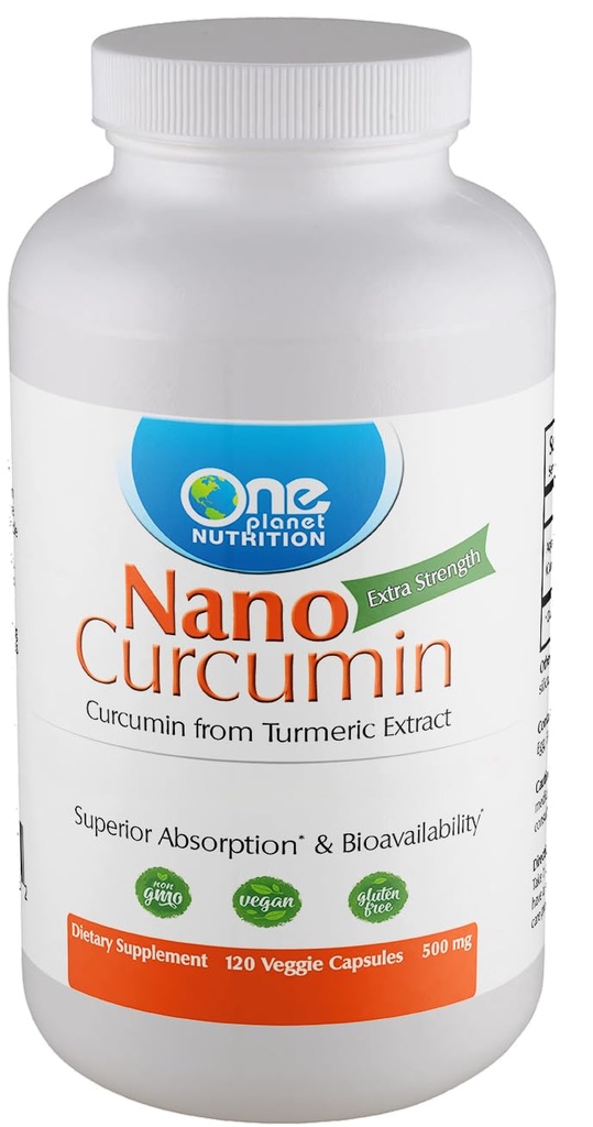 One Planet Nutrition Nano Curcumin 500 mg Veggie Capsules (120 Servings), Nano para la absorción alta, apoya la salud inmune, no GMO, Vegan, libre de gluten