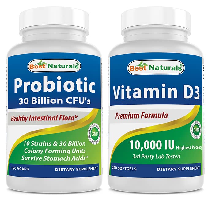 Mejores Naturales Probiótico 10 Strains &amp; 30 Billones CFU & Vitamina D3 10000 UI