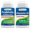 Mejores Naturales Probiótico 10 Strains &amp; 30 Billones CFU & Vitamina D3 10000 UI