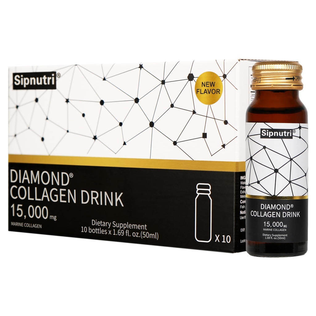 Bebida de colágeno líquido de diamante, 15000 mg Péptidos de colágeno marino hidrolizado con vitamina C, granada, uñas sanas de piel de pelo Juntas Soporte de huesos, 50 ml x 10 botellas