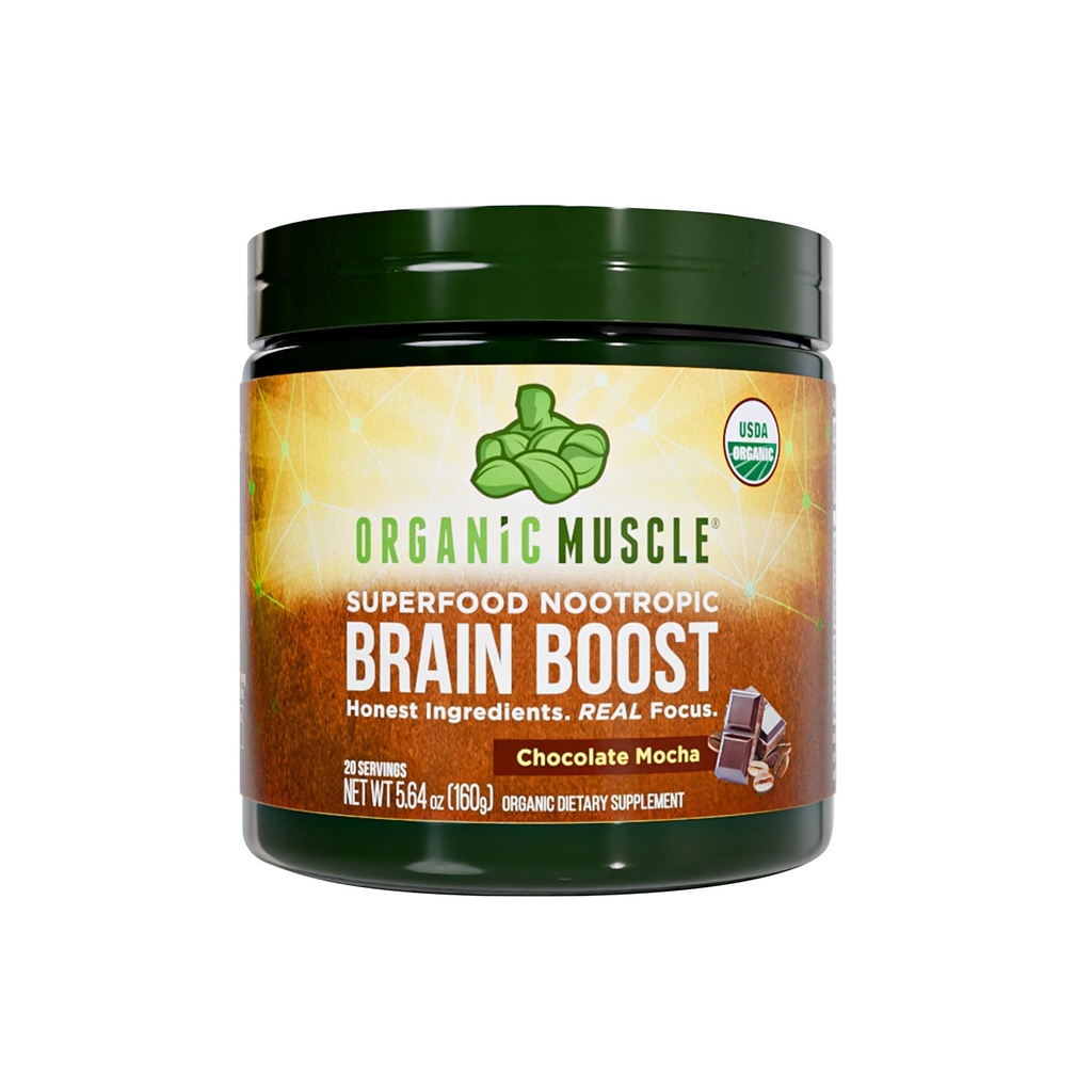 Orgánica del músculo Cerebro Nootropics Blend - Vegan &amp; Organic Superfood Health Supplements for Focus, Memory &amp; Productivity with Ashwagandha, Ginkgo & Ginseng - Chocolate Flavor, 20 Servings